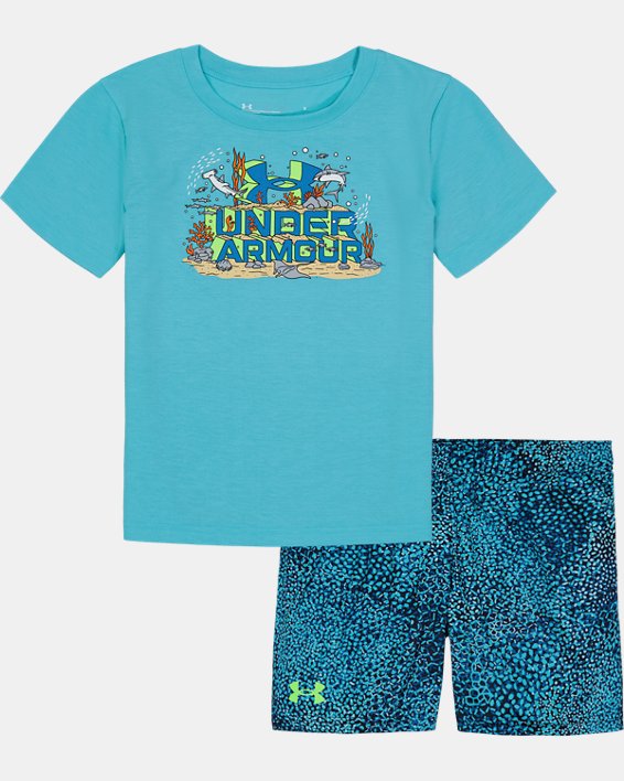 Boys' Pre-School UA Deep Sea Wordmark Short Sleeve & Shorts Set, Blue, pdpMainDesktop image number 0